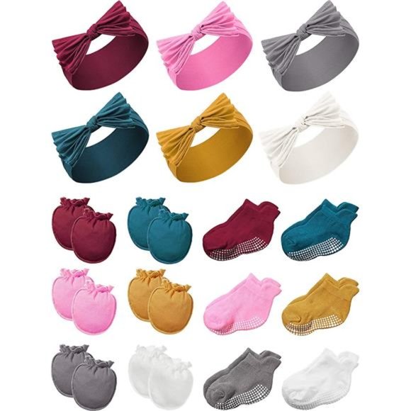 Geyoga 18 Pieces Baby Headband Newborn Socks and Mittens Sets Elastic Baby